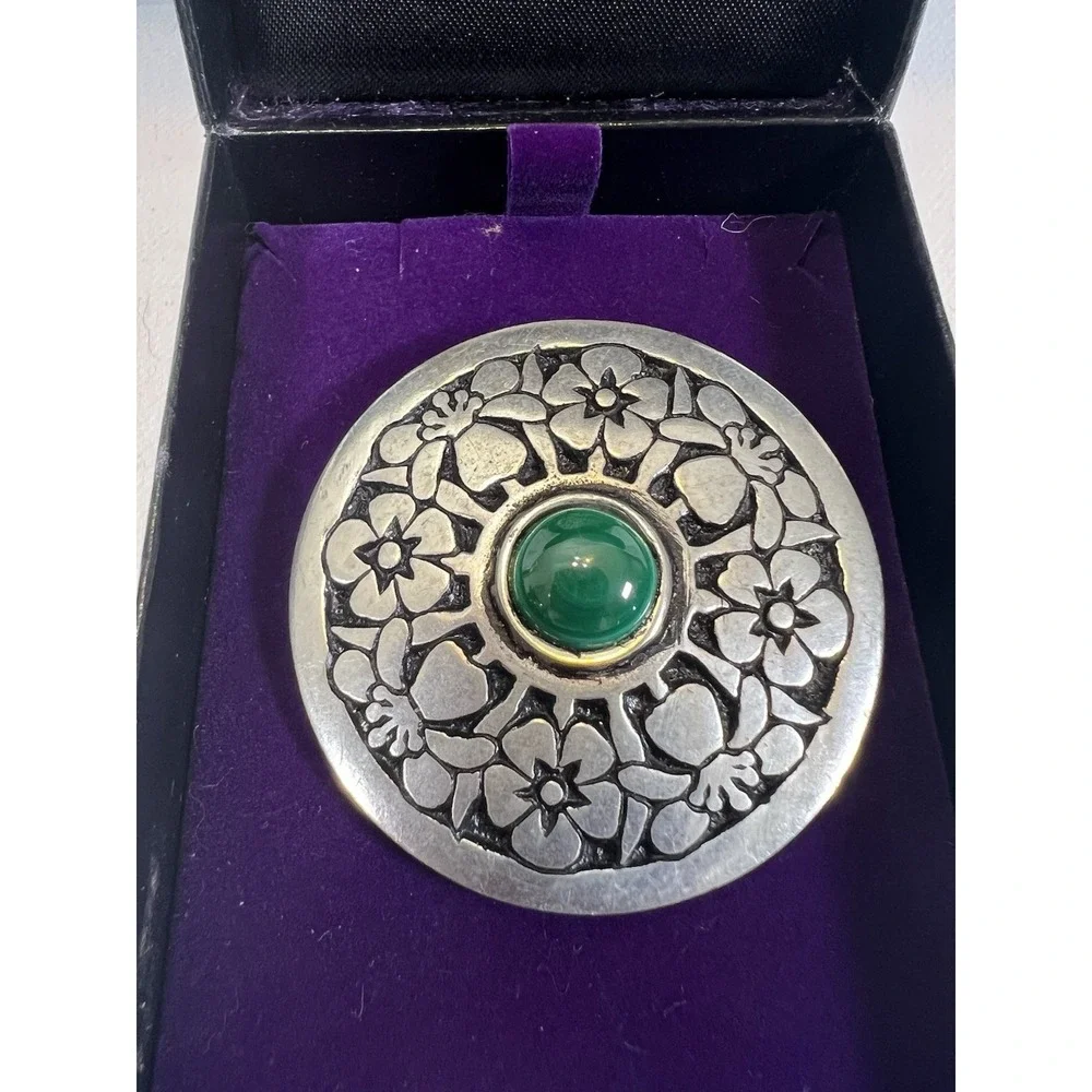 St Justin Pewter Malachite Celtic Floral Round Brooch Original Box Handmade VNG